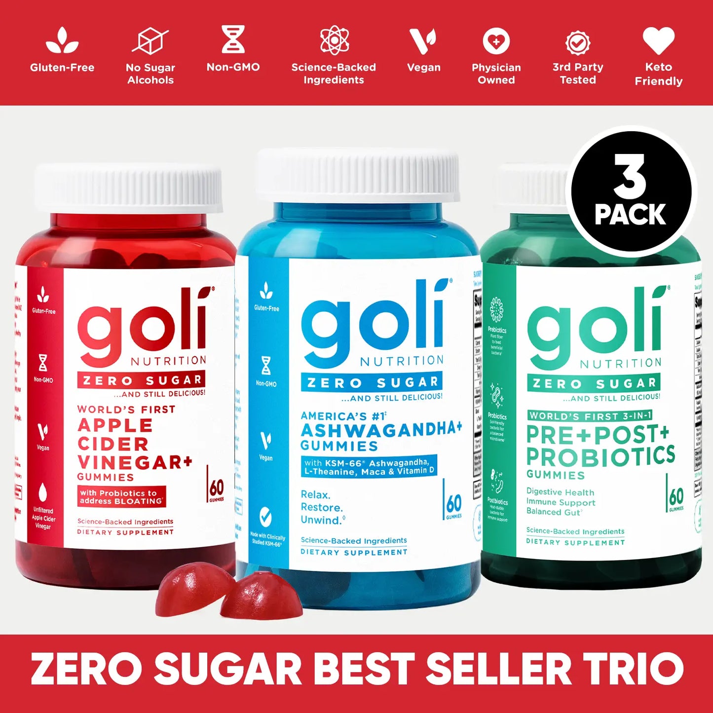 Zero Sugar Best Seller Trio: 3-in-1 Apple Cider Vinegar Gummies with Probiotics, Vitamin B12 & Ashwagandha - Vegan, Gluten-Free, Non-GMO!